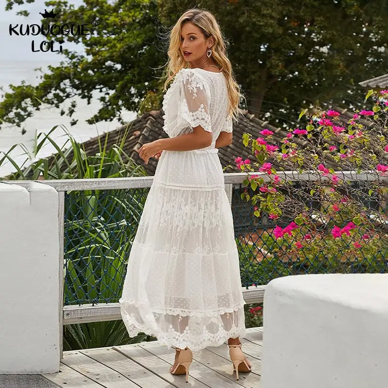 Summer Long Lace Dress For Women Casual V-neck Short-sleeve Stitching Pleated Girls Embroidered High Waist Sandy Beach Sundress