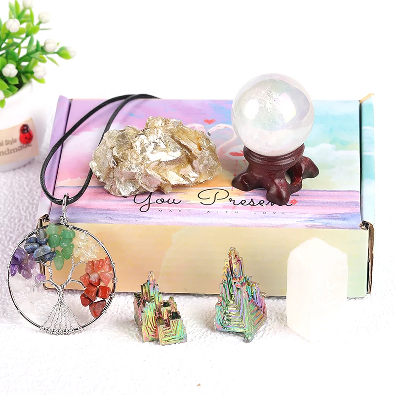 Seven Chakras Crystal Pendant Natural Selenite Gemstone BismuthMetal Ore Ornaments Craft Healing Stone Home Decor Gift 1Set Box