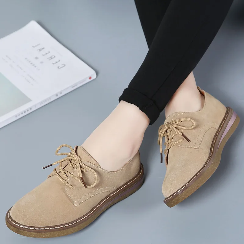 2022 Spring Women Flats Shoes Women Sneakers Leather Suede Lace Up Boat Shoes Round Toe Flats Moccasins Oxford For Women