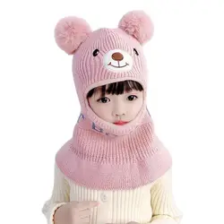 Doitbest Boy girl Beanie Protect neck Cartoon bear Windproof Winter 2 to 5 years old Child knit hat kids girl's Earflap Caps