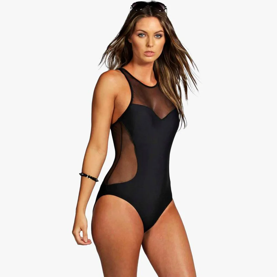 Mesh Swimsuit Racer Back Swimwear Women Black One Piece Bathing Suit Sexy Swimming Suit for Women Maillot De Bain Solid Monokini