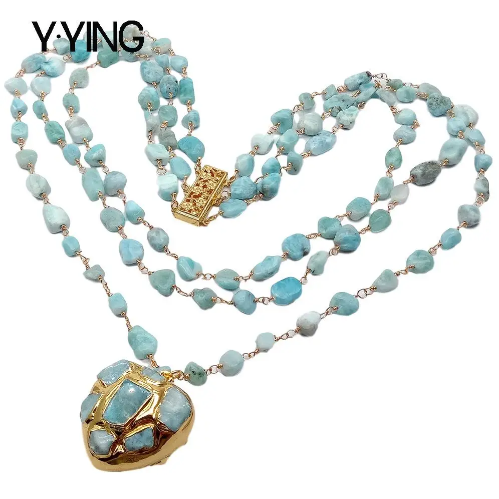 

Y·YING 3 Strands Natural Blue Larimar Rosary Chain Necklace Heart-Shaped Larimar Pendant statement necklace for women 18''