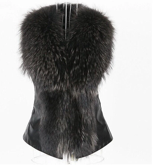 Gilet en cuir PU noir pour femme, décontracté et court, Imitation fourrure de renard, nouvelle collection automne hiver 2021