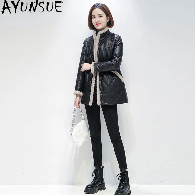 

AYUNSUE 100% Genuine Sheepskin Coat Women's Down Coat Mink Fur Collar Jackets Casual Streetwear Korean Fashion Casaco Masculino