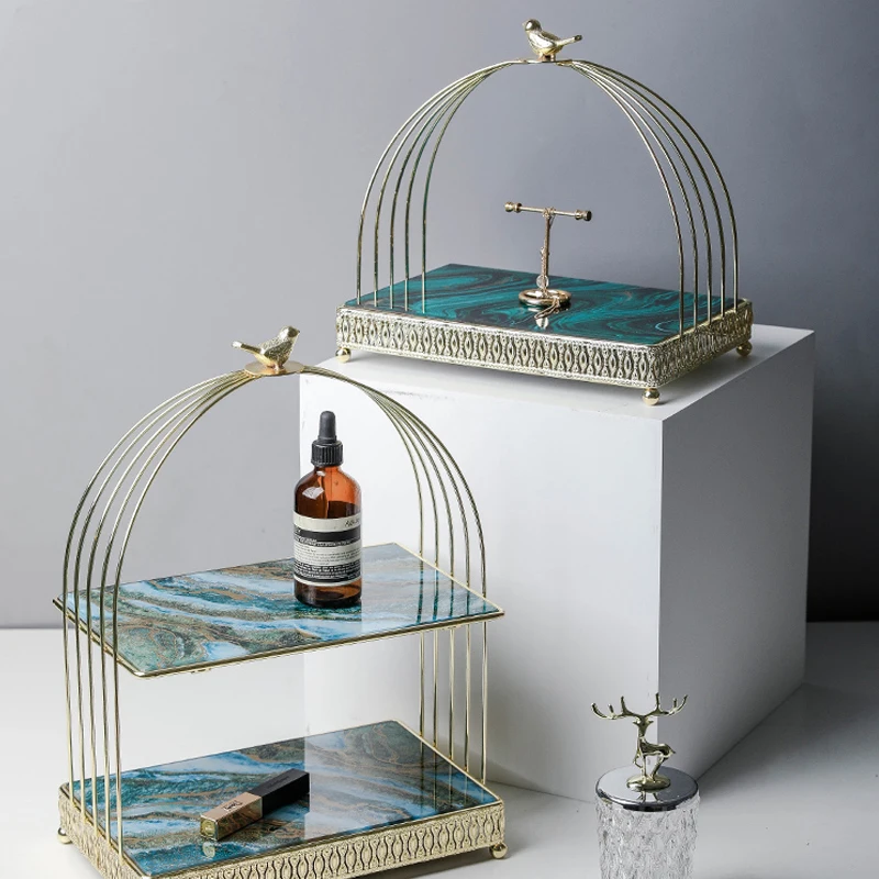 

Creative Iron Glass Tray Storage Rack Household Double-Layer Makeup Organizing Rack Dessert Table Decoration Cake Tray