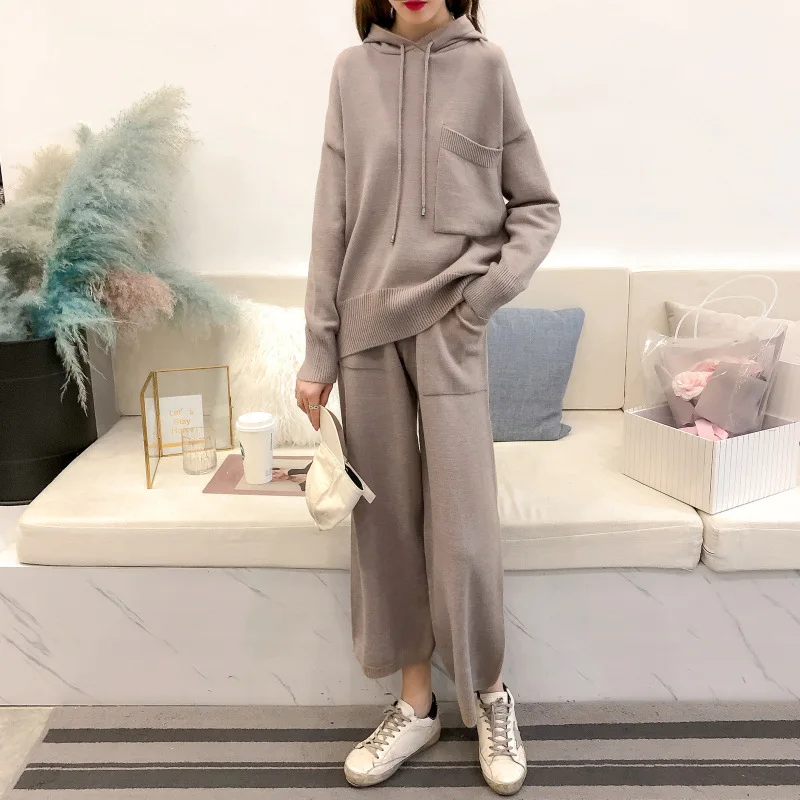 

Oversized Two Piece Outfits for Women Solid Hooded Pocket Loose Women Pullover Knitted Sweater Elastic Waist Wide Leg Pants