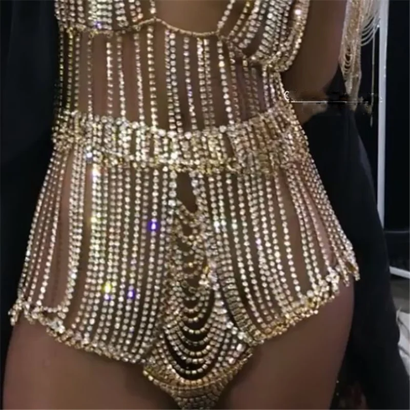 Adjustable Luxury Exaggerate Glitter Rhinestone Long Tassel Skirt Belt Women Sexy Crystal Diamonds Night Club Body Chain Jewelry