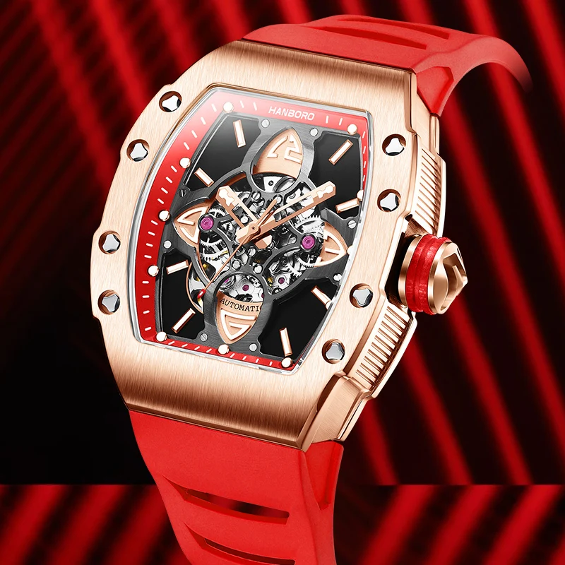 HANBORO Men Automatic Watch 50mm Tonneau Case Mechanical Wristwatch Luminous 5ATM Skeleton Dial