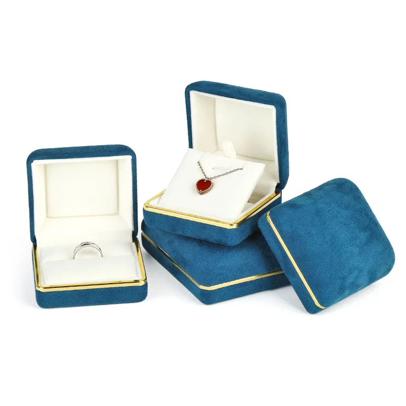 

Navy-Blue Color Fannel Metal Frame Jewelry Box With Gold metal ornament engagement the jewel Box packaging for ring necklace