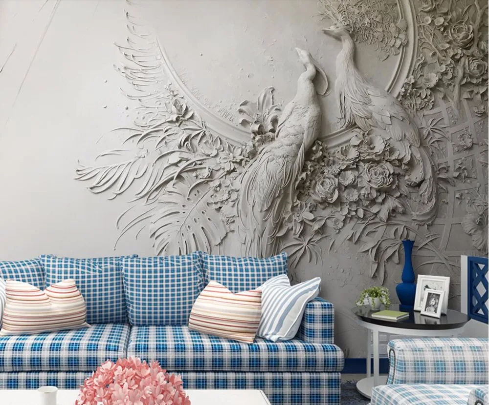 

Bacal Custom wallpaper 3D three-dimensional embossed peacock TV couch background wall bedroom mural 3D wallpaper papier peint