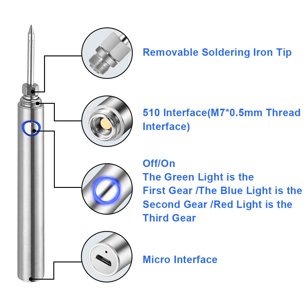 Kit Besi Solder Portabel USB 5V 8W Alat Las Listrik dengan Lampu Indikator Led dengan Penutup Alat Las Pengisi Daya Cepat