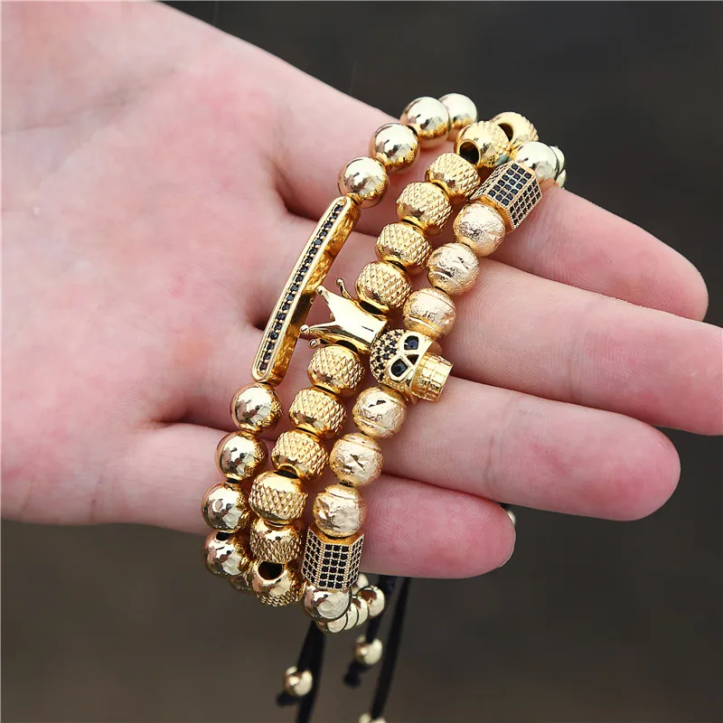 Luxury 3pcs/set Men Bracelet Sets King Crown Beads CZ Skeleton Skull Ball Charms Bracelets & Bangles for Men Adjustable Jewelry