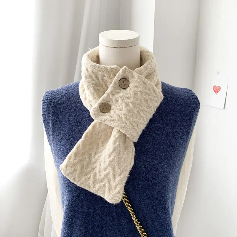 Scarf Women Autumn and Winter Korean Japanese Retro Neck Protection Wild Knitted Wool Scarf Solid Color Warm Scarf Bib Bufandas