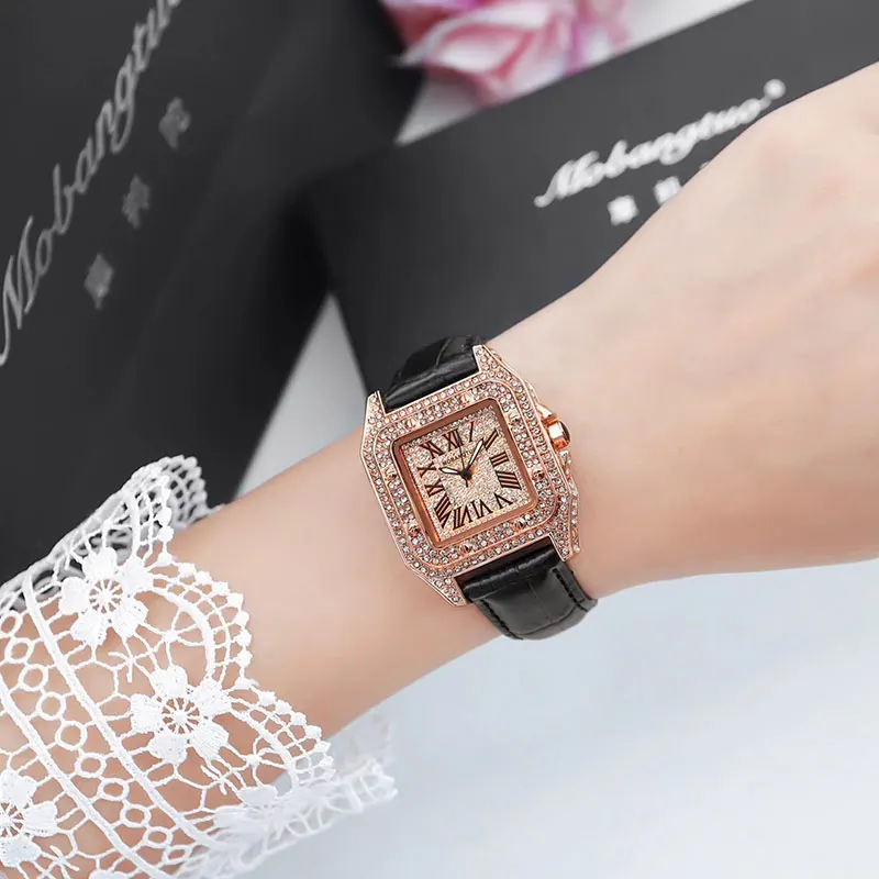 Rose Gold Top Brand Luxury Watch Women Quartz Waterproof Fully Diamond Ladies Watch Square Couple Watches With Rhinestone Men