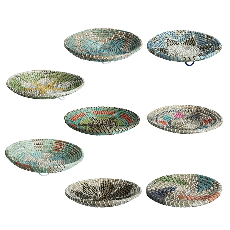 Boho Straw Woven Wall Decor Ornaments Natural Seagrass Rattan Wall Plates Decorative Fruit Dishes for Home Kitchen Living Room