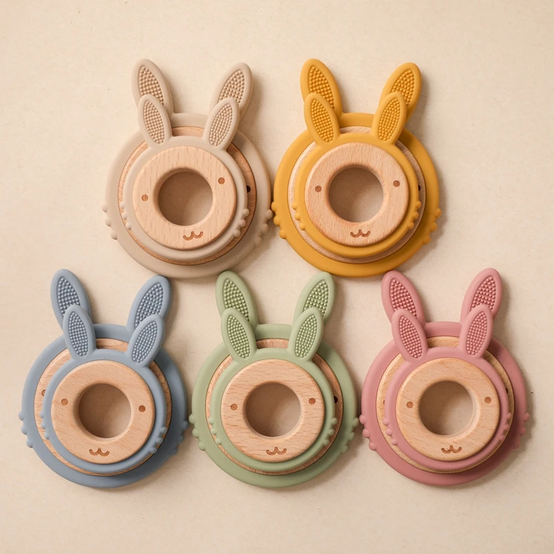 Two Size Baby Wooden Ring Silicone Teether Beech Wood Bunny Teething Toys Cute Rabbit Shape Safe Newborn Chew Nursing Gifts