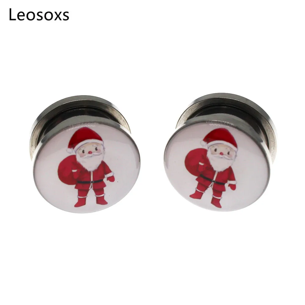 Leosoxs 2pcs Fashion New Stainless Steel Santa Claus Thread Tunnel Ear Gauge 4-25mm Piercing Jewelry