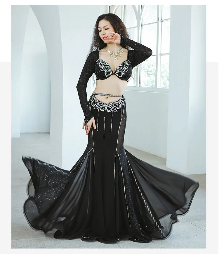 New Belly Dance Performance Costume Black Long Sleeve High Waist Hollow Fishtail Skirt Competition Performance dance Set