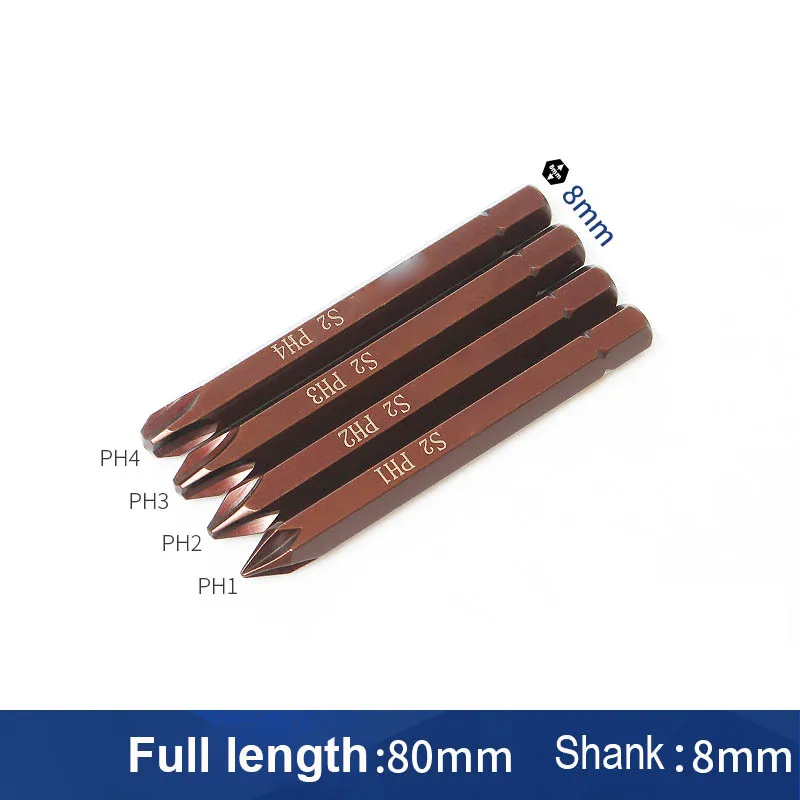 4pcs/lot 80mm Long 5/16 inich 8mm Hex Shank Heavy Impact Phillips Screwdriver Cross Bit hand Tool S2 Alloy Steel PH1 PH2 PH3 PH4