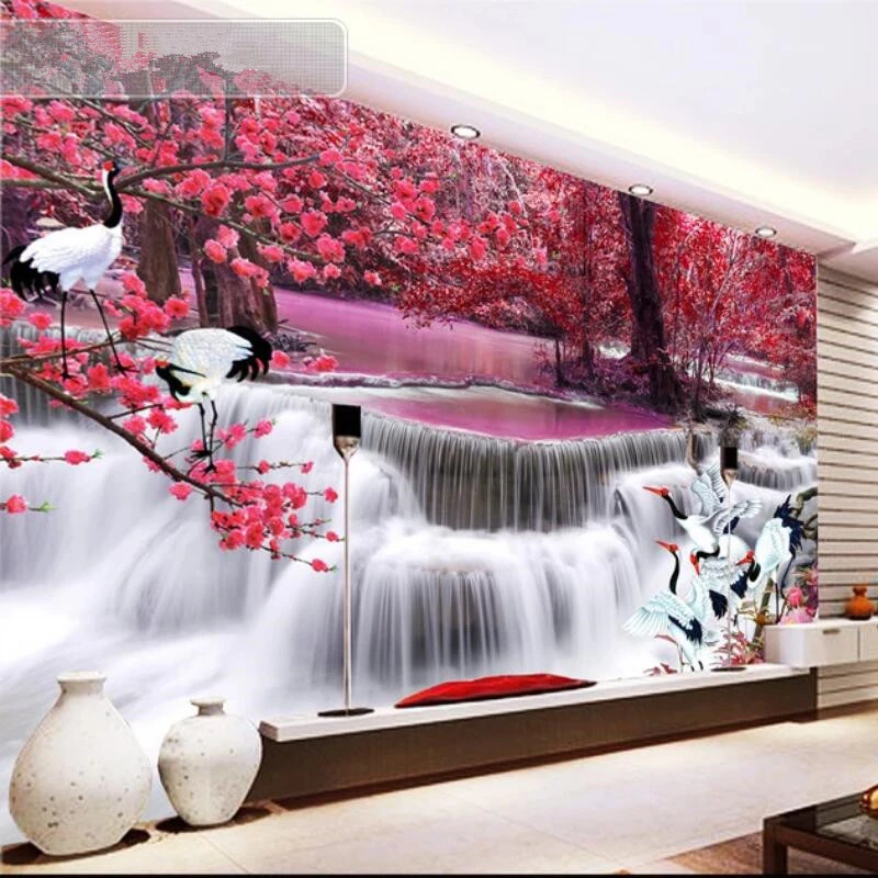 

wellyu Customized large-scale mural environmental protection waterfall crane crane TV background wall wallpaper Papel de parede