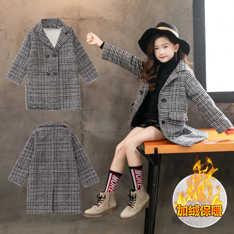 Girls Winter Coat Thick Woolen Jacket For Girls Fashion Plaid Kids Outerwear Autumn England Teenage Clothes For School Girls