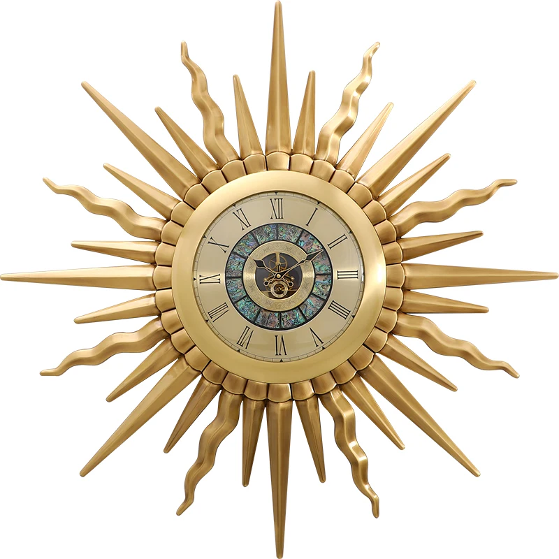 

Modern Light Luxury Style Brass Sun Wall Clock for Villa Living Room Decoration Creative Clock European Retro Wall Large