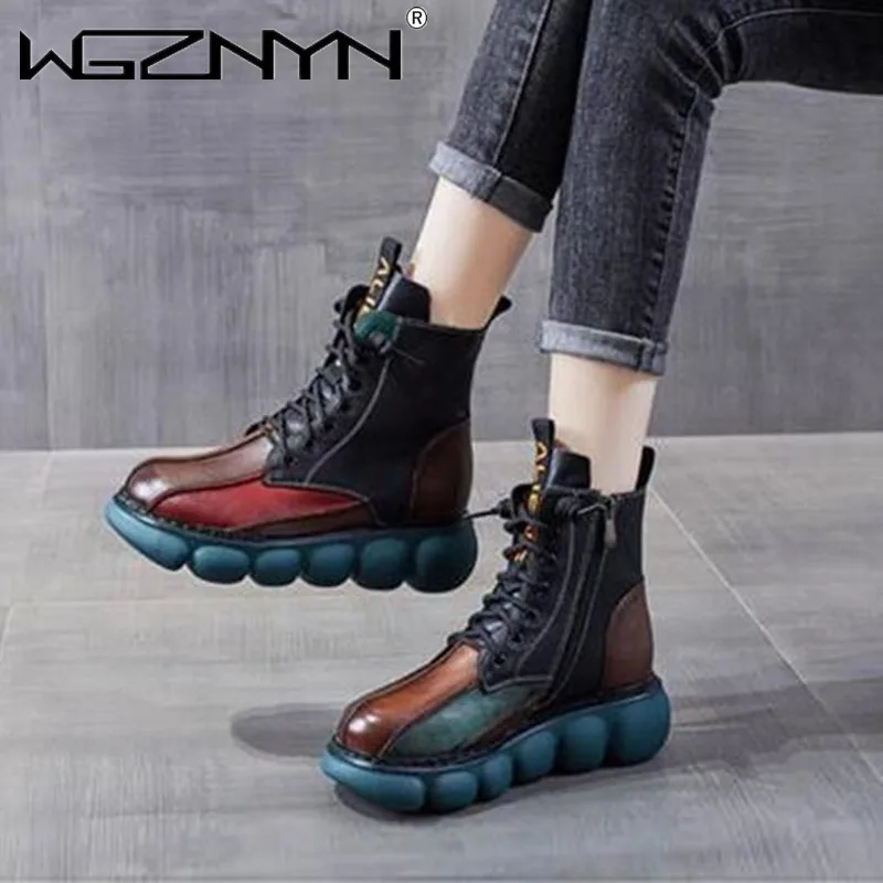 Motorcycle Women\'s Boots Autumn Winter Soft Leather Retro Shoes Black Botas Wedges Female Lace Up Platforms Women Botas Mujer