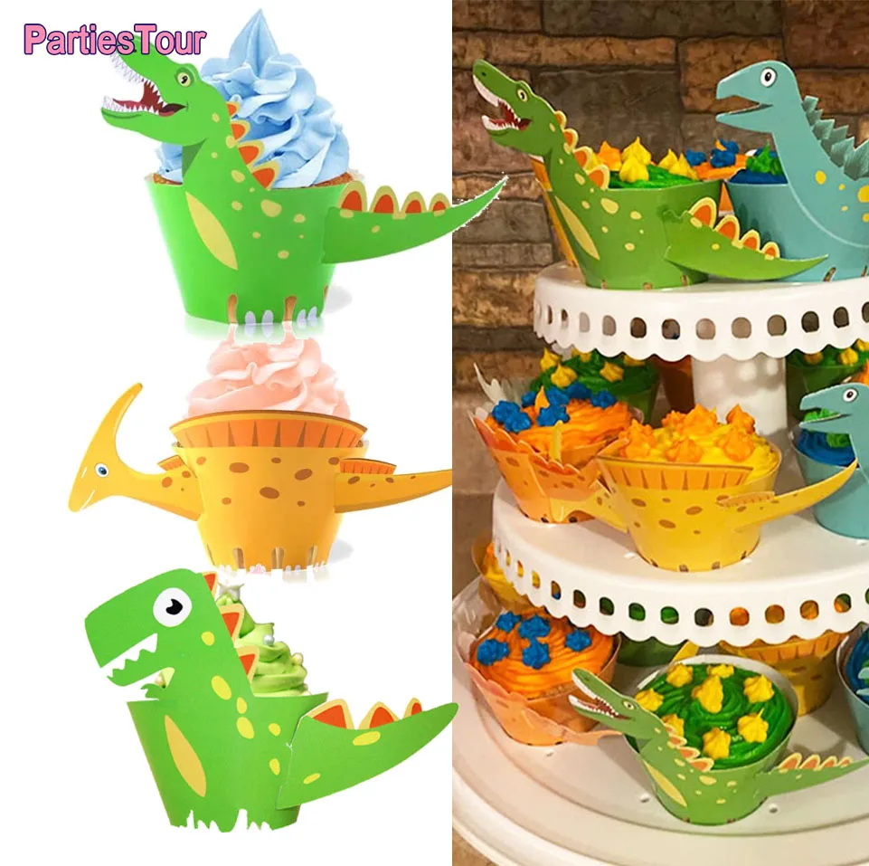 24pcs Dinosaur Cupcake Wrappers Toppers Cake Table Decorations Dino Party Supplies for Boys Kids Birthday Party Decor Favors