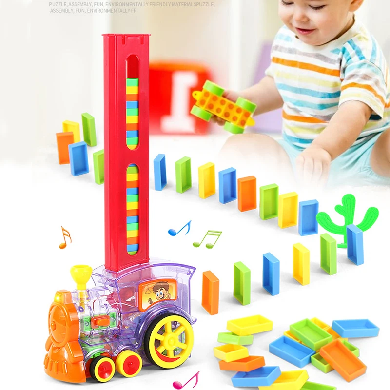 Domino Train Car Set Kids Sound Light Automatic Laying Dominoes Brick Colorful Blocks Game Gift Toys for Children Boys Girls