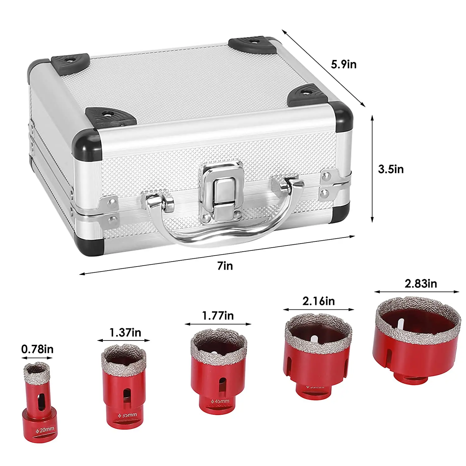 5pcs Diamond Hole Saw kits M14 20/35/45/55/72mm Diamond Core Bit With Aluminum Case,Cutting Ceramic Marble Porcelain Glass Tiles