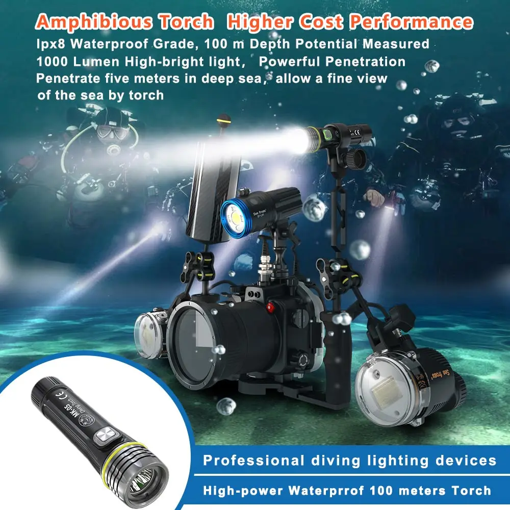 Seafrogs Underwater Diving Torch 100 Meter IP68 Waterproof Grade Swimming Lighting Camera Light