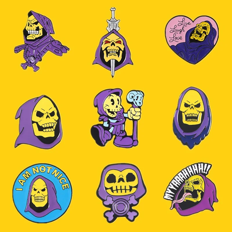 Custom Skeletor Hood Enamel Pins Master Universe Badge Brooch Bag Clothes Lapel Classic Cartoon Jewelry Halloween Gift Wholesale