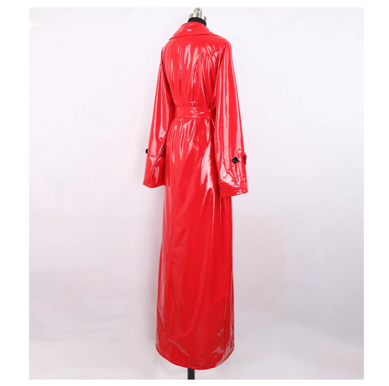 Nerazzurri Autumn Extra Long Soft Red Reflective Shiny Patent Leather Trench Coat for Women Double Breasted Maxi Korean Fashion