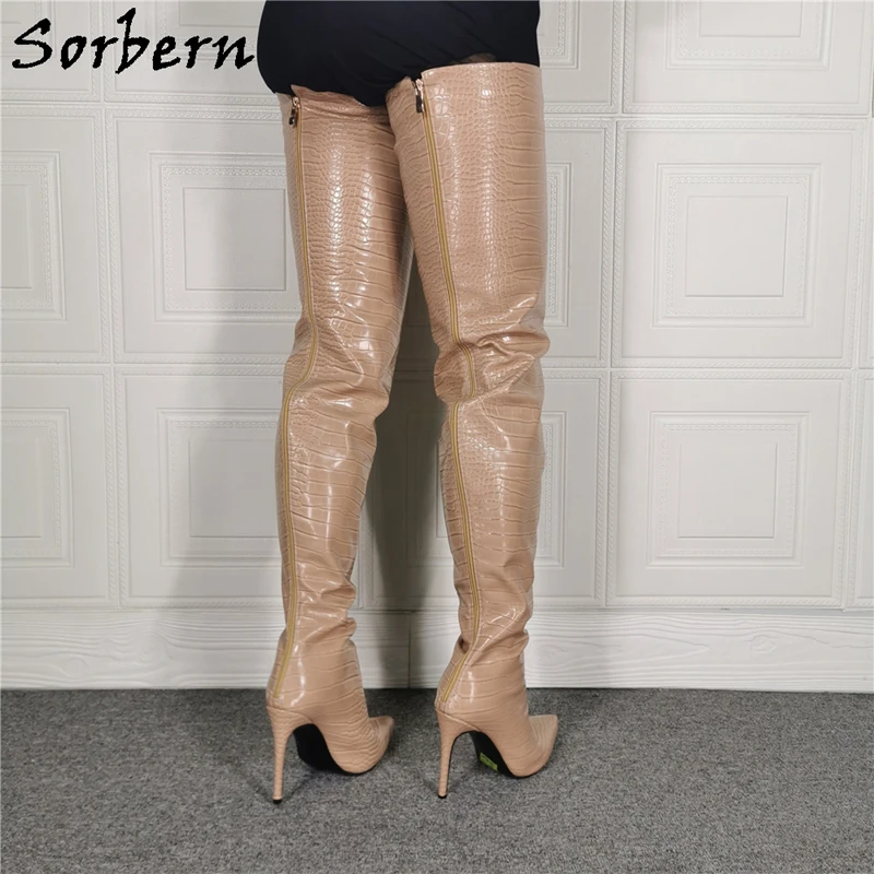 Sorbern-bottes Nude Crocodile pour femmes, bottes brevetées, à bout pointu, à talons hauts, personnalisées, larges, ajustées, cuisse longue, nouvelle collection 2020