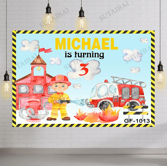 Firefighter Happy Birthday Backdrop Fireman Fire Truck Extinguisher Boy Backgrounds Photography Studio Photocall Photozone Decor