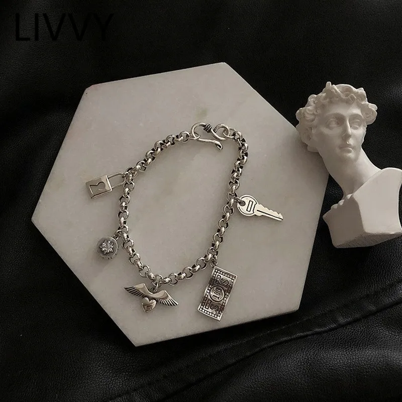 LIVVY Silver Color Lock Key Dollar Angel\'s Wings  Love Heart Bracelet Women Fashion Temperament Personality Retro Romantic Gift