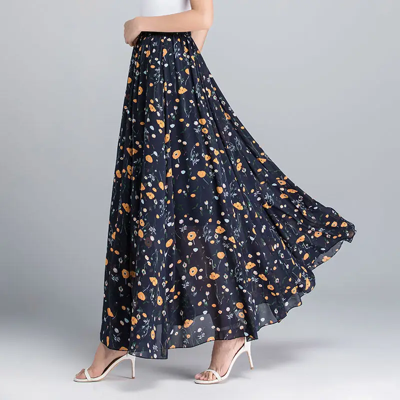 High Waist Skirts Womens Summer 2024 spring Elastic Waist Midi Full Long Skirt Print Mother Dance Skirts Swing Chiffon Skirt