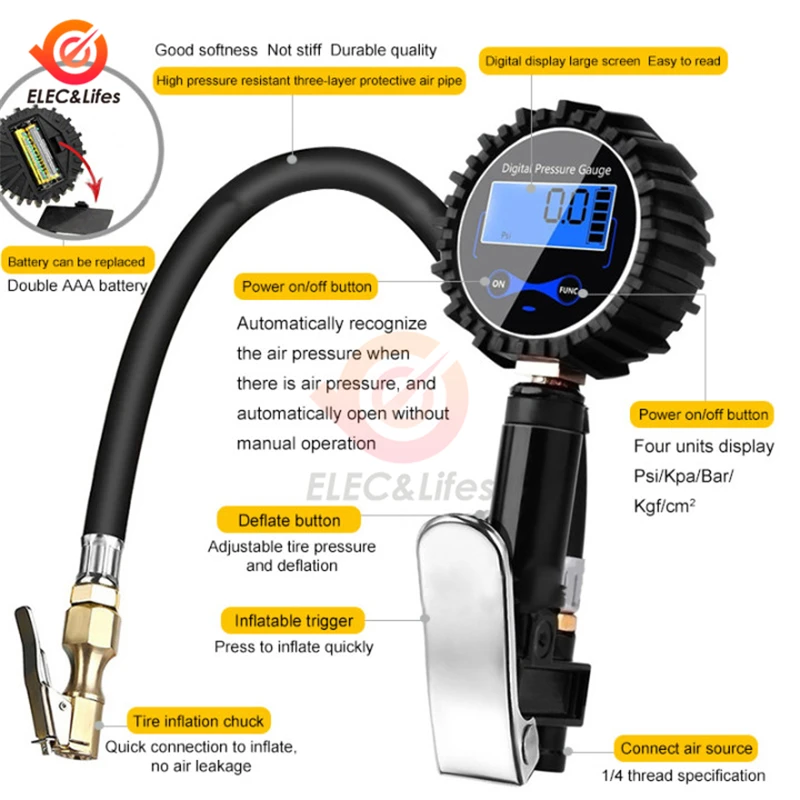 Car Truck Air Tire Inflator With Digital Pressure Gauge 200 PSI Air Chuck & Hose Pistol Type Automobile Pressure Gauge