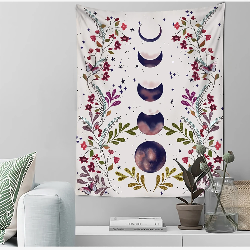 Purple Moon Phase Flower Tapestry Wall Hanging Psychedelic Art Minimalist Bohemian Aesthetics Room Decor