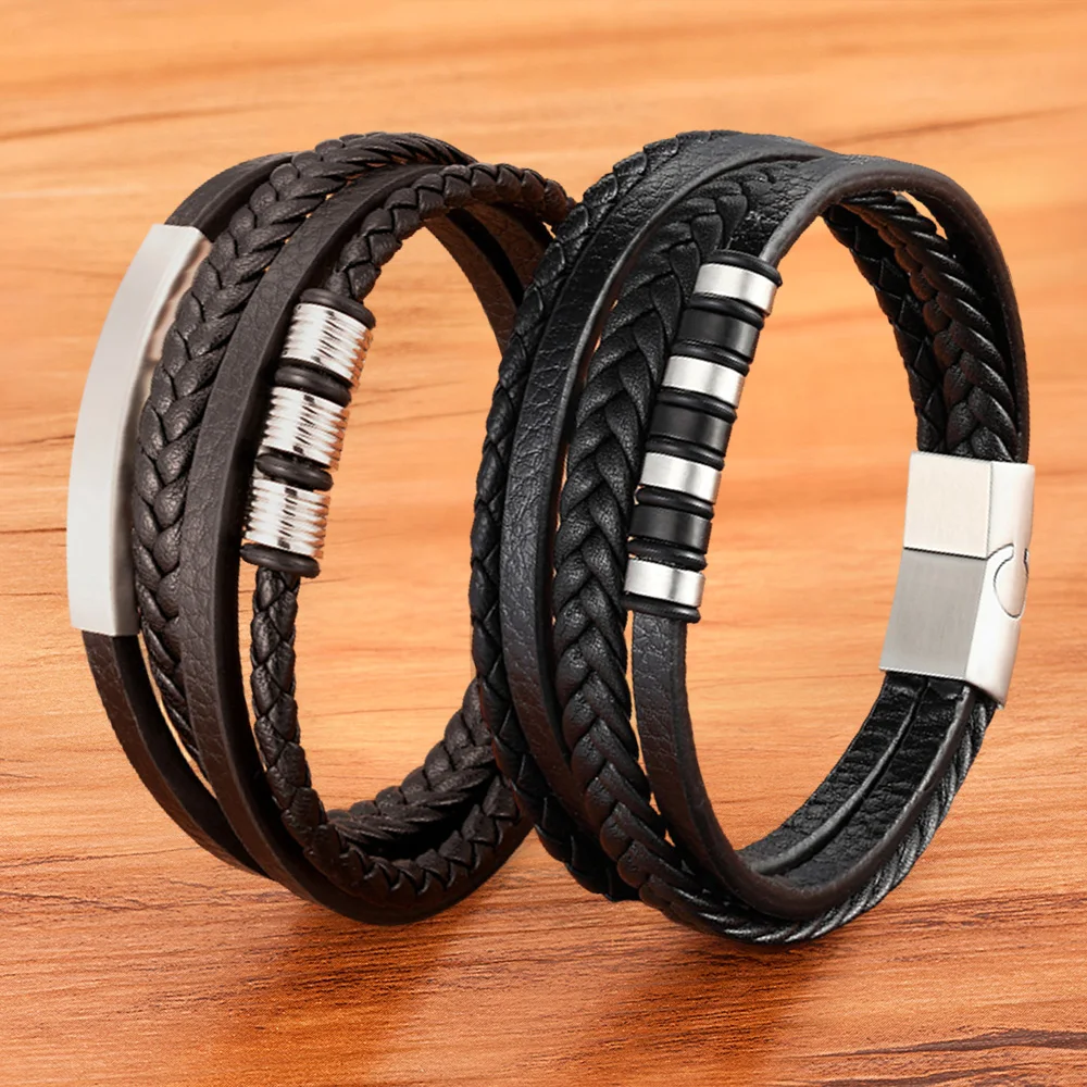 TYO Hot Sale Multilayer Braided Wrap Leather Bracelets For Men Stainless Steel Charm Magnetic Clasp Rock Handmade Bangles Gift