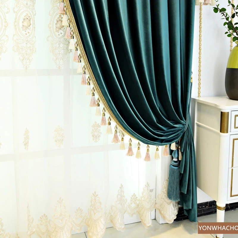 Custom curtains New high-end luxury matte flannel villa blue velvet cloth blackout curtain tulle valance drape B739