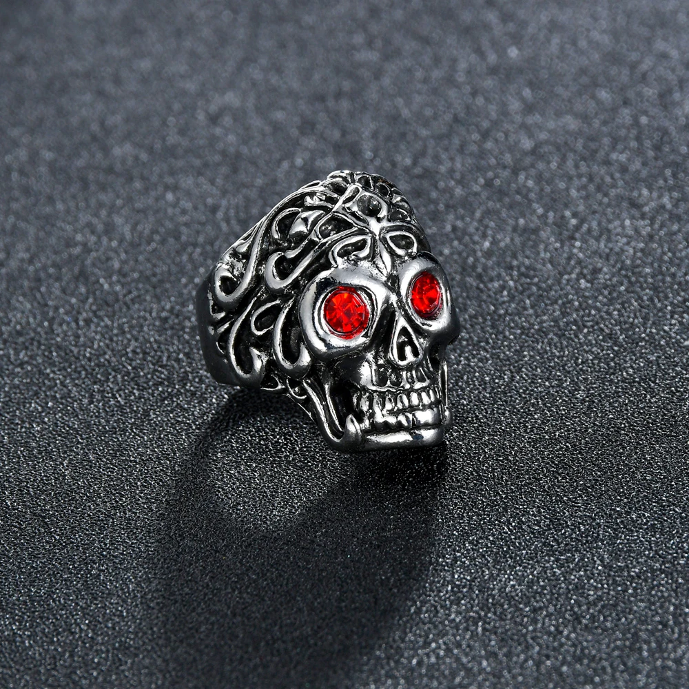 Unique Silver Color Heavy Sugar Red Eyes Skull Rings for Men Mandala Flower Santa Muerte Biker Jewelry