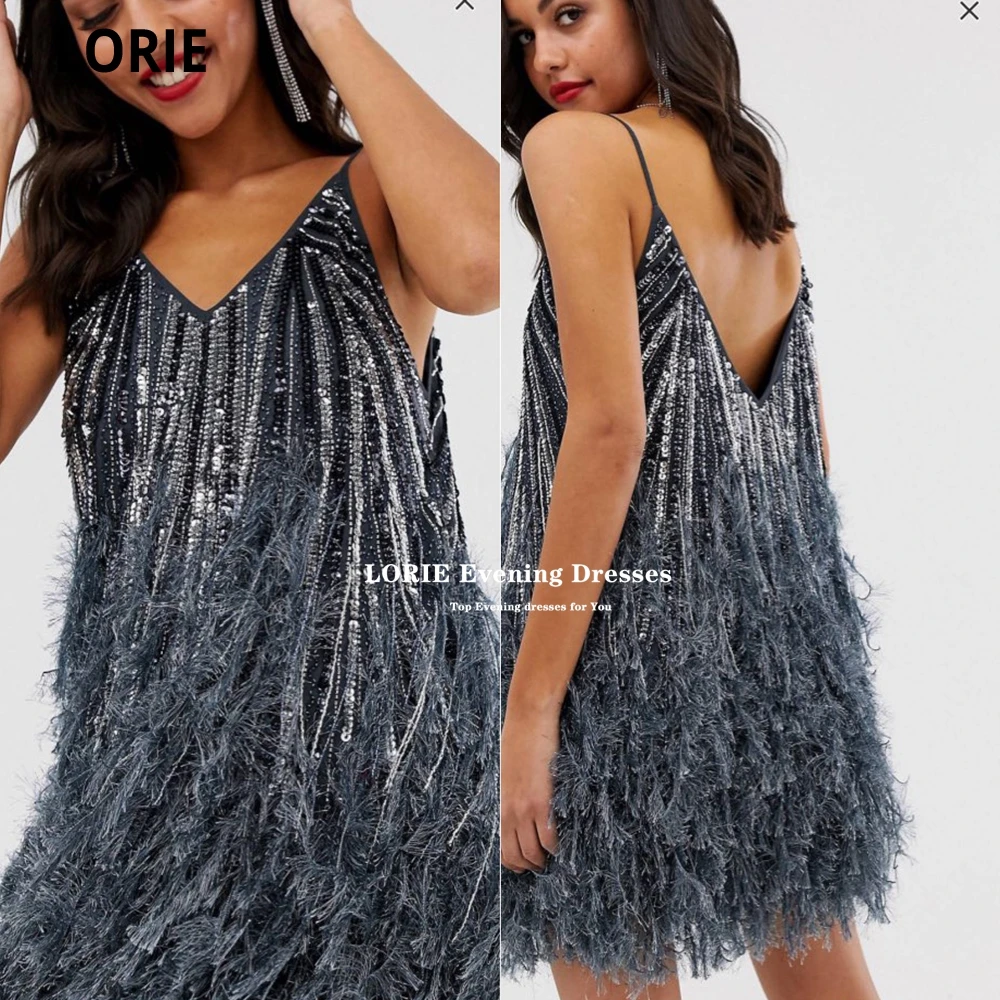 LORIE Formal Spaghetti Straps Evening Dress Short Evening Party Dress Feathers Robe de Soriee A Line Gethic Evening Dress 2021