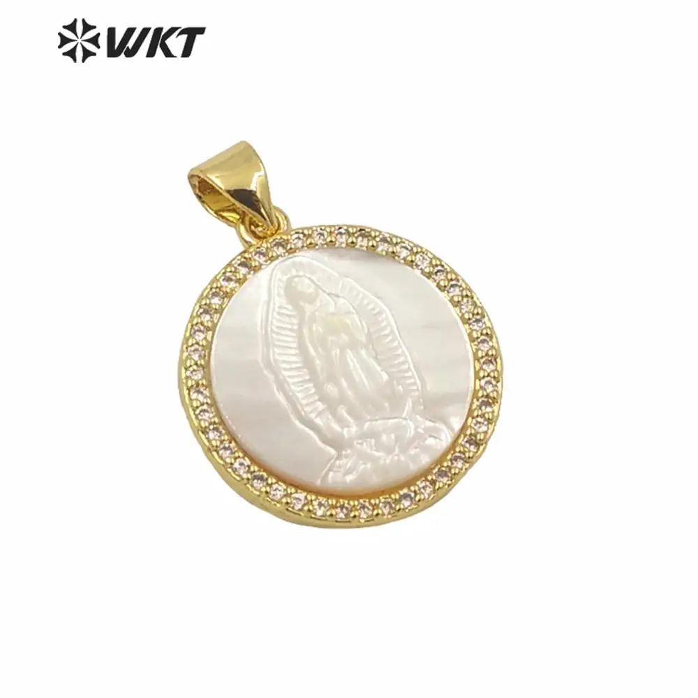 MP112 WKT 18*18MM White Shell Metal Pendant Religion Round Shape Virgin Mary Carved With Micro Pave Zircon For Jewelry DIY