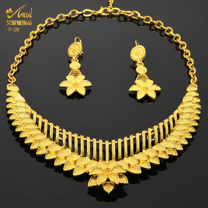 Indian Gold Colour Jewelry Sets Wedding Nigerian Necklace And Earrings 24K Gold Plated Jewellery Bridal Dubai Luxury Party Gifts