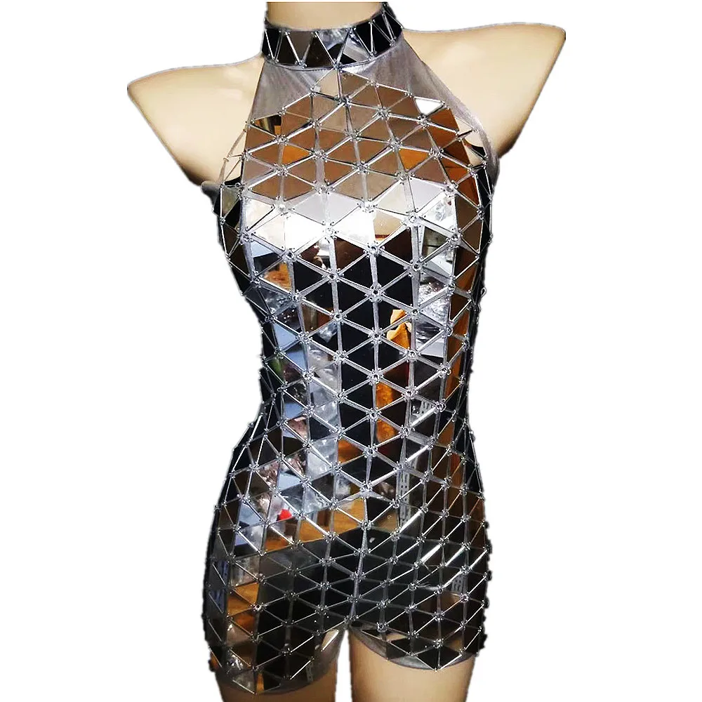 Sparkling Mirror Sequins Playsuits Gloves Neck-Mounted Silver Bodysuit Women Sleeveless Performance Clothing Dance Costume