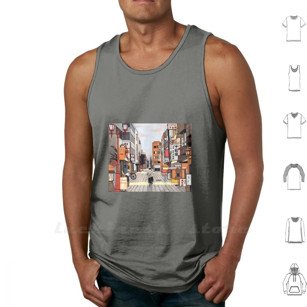 Early Morning Ride Tank Top Vest Sleeveless Cotton Japan Japanese Street City Urban Industrial Street Signs Modern Dawn Early