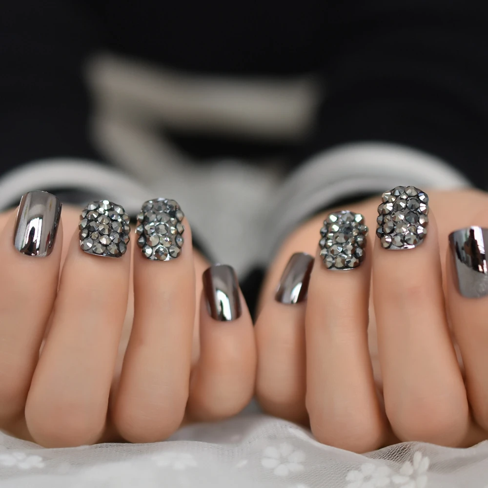 Punk Dark Smoky Gray Reflective Mirror Metal Plating False French Nail Tips Punk Metallic Diamond Fake Nails With Glue Sticker