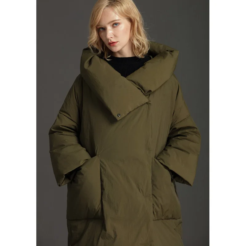 Chaqueta larga de plumón de pato para mujer, abrigo holgado con cuello de almohada, con capucha, cálido y elegante, de gran tamaño, para invierno,