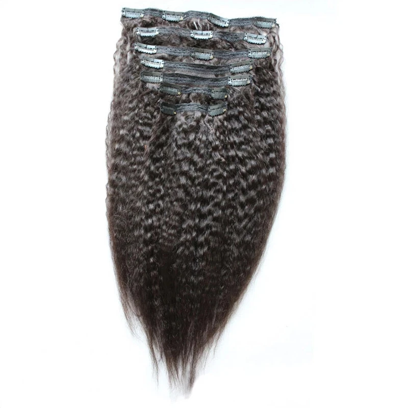 Kinky grampo em linha reta em extensões do cabelo humano yaki em linha reta brasileiro remy grampo de cabelo humano em 8 pçs 200g cabeça cheia para preto